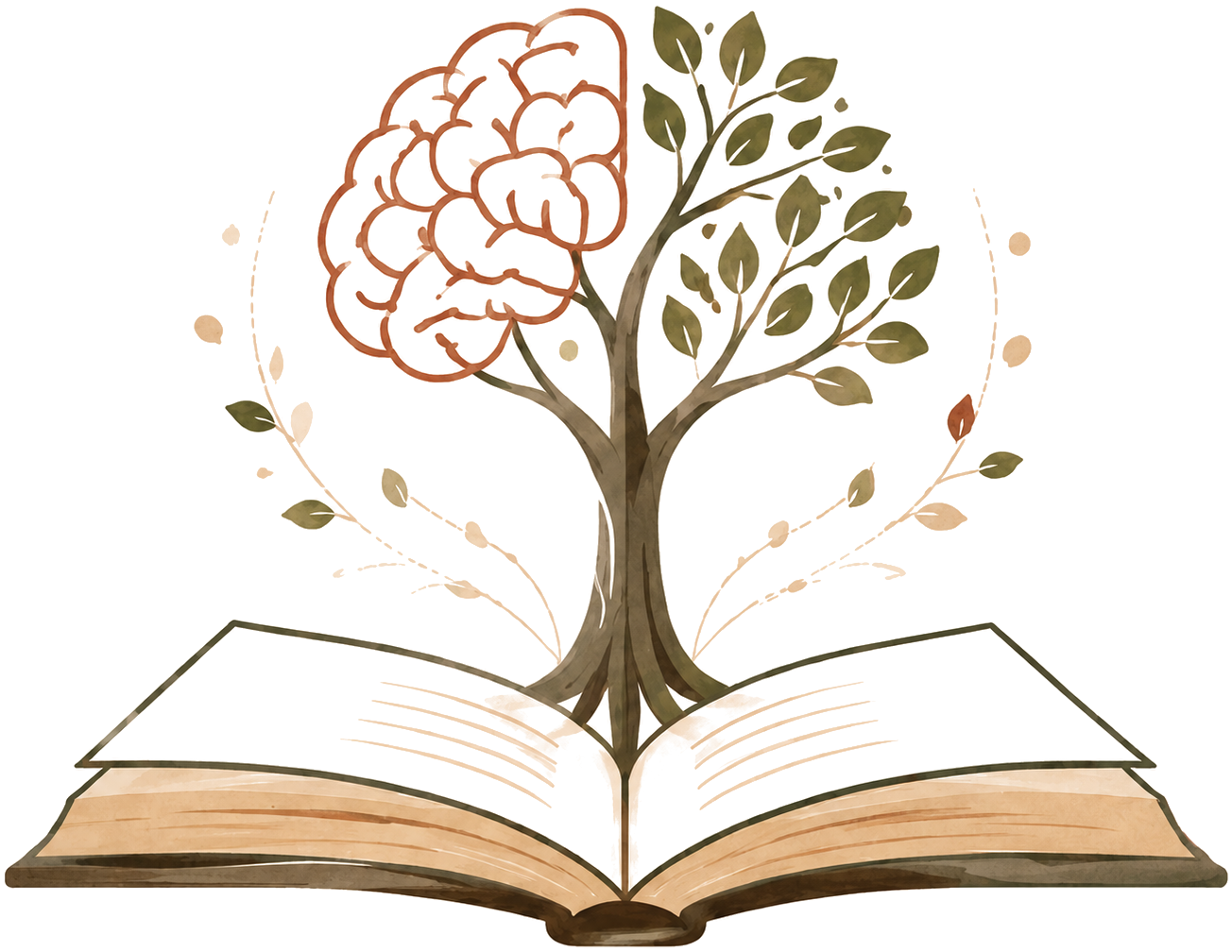 Ilustração de um livro aberto do qual nasce uma árvore, com folhagem verde de um lado e um cérebro estilizado do outro